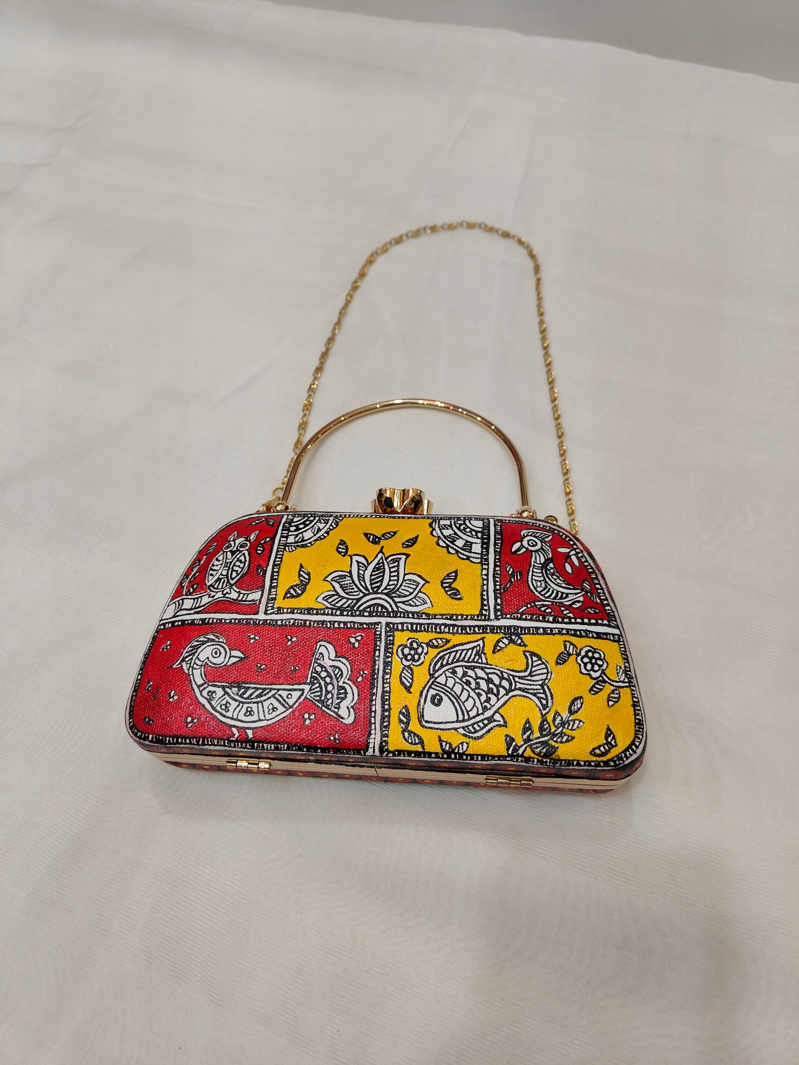 Hand-Painted Madhubani Clutch with Different Motifs